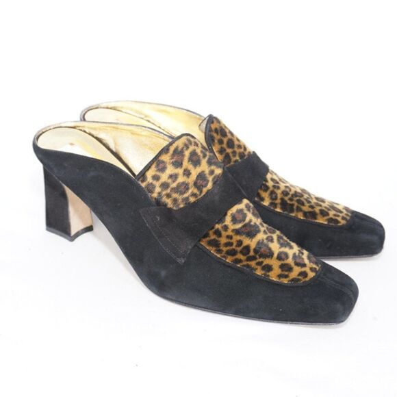 Timothy Hitsman Vintage Black & Leopard Print Suede Kitten Heeled Mules, Size 10 - Picture 1 of 6